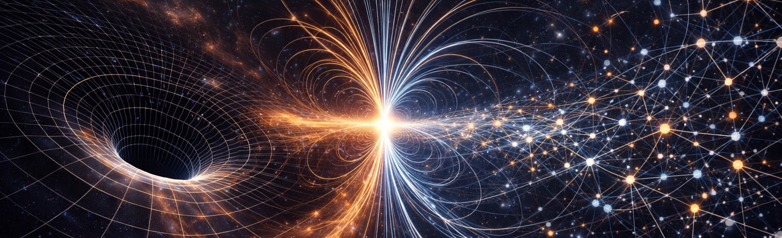 A cosmic visualization of gravity, magnetism, and connected information systems.