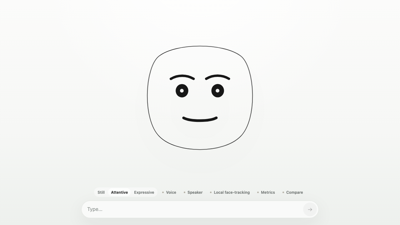 AI Presence Kit demo showing an expressive interface face and runtime controls.