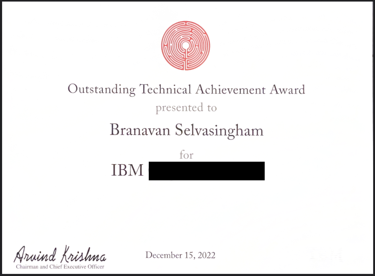 IBM 2022 Outstanding Technical Achievement Award certificate.