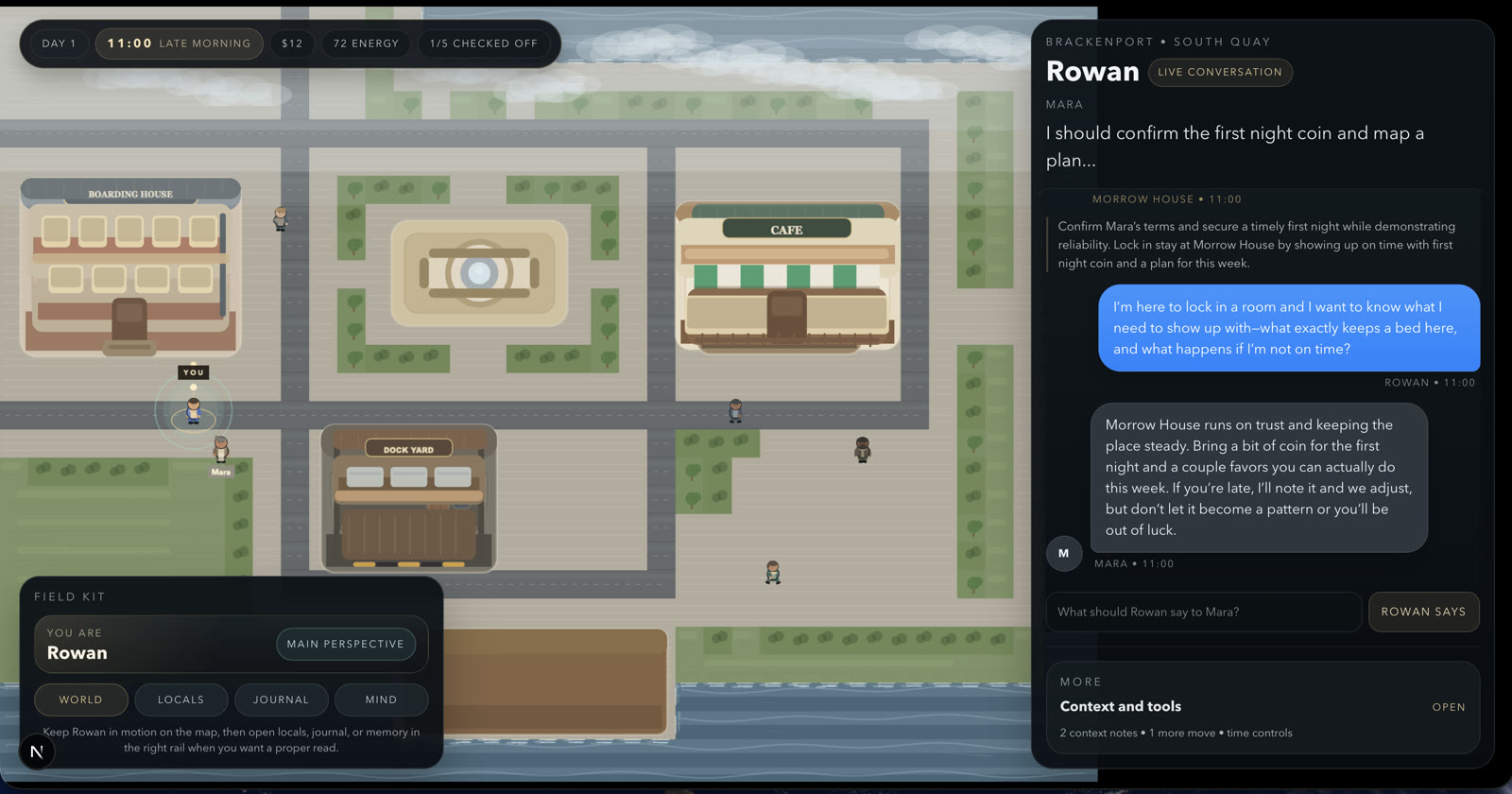 Many Lives simulation interface showing a town map and a live conversation panel.