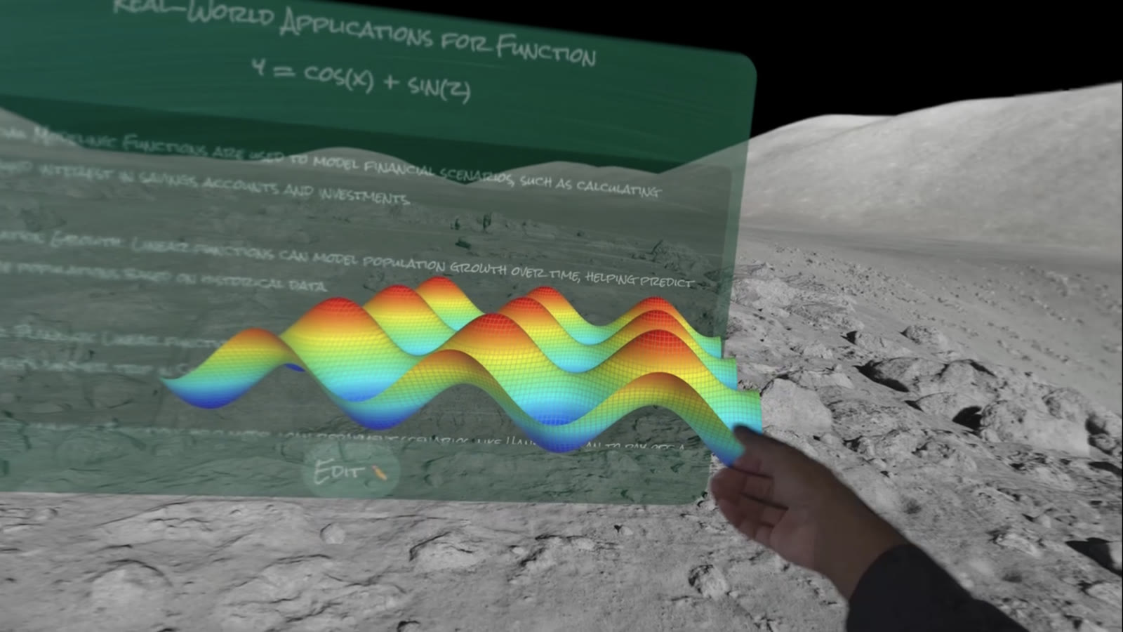 VisionOS interface showing a colorful 3D wave chart floating in front of a lunar landscape.